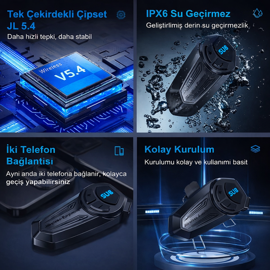 SU8 Su Geçirmez Yapay Zeka Asistanlı 5.000 Mah Kask İçi İnterkom (ŞEFFAF KARGO & KAPIDA ÖDEME)
